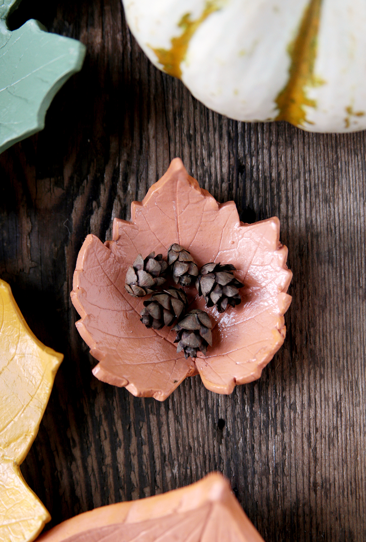 terracotta clay leaf bowl with mini pinecones in it on wood board